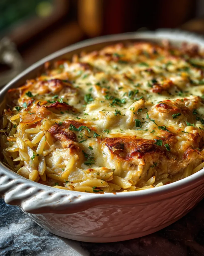 French Onion Chicken Orzo Casserole
