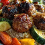 Juicy Meatballs with Rice & Roasted Veggies Bowl