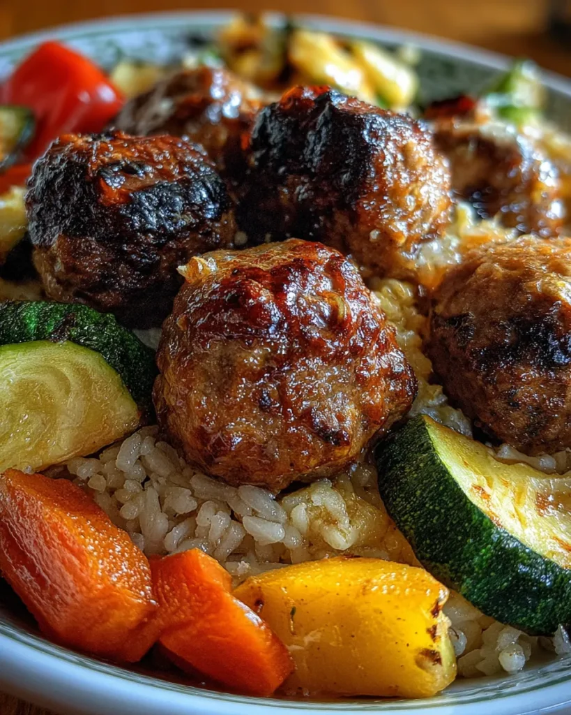Juicy Meatballs with Rice & Roasted Veggies Bowl